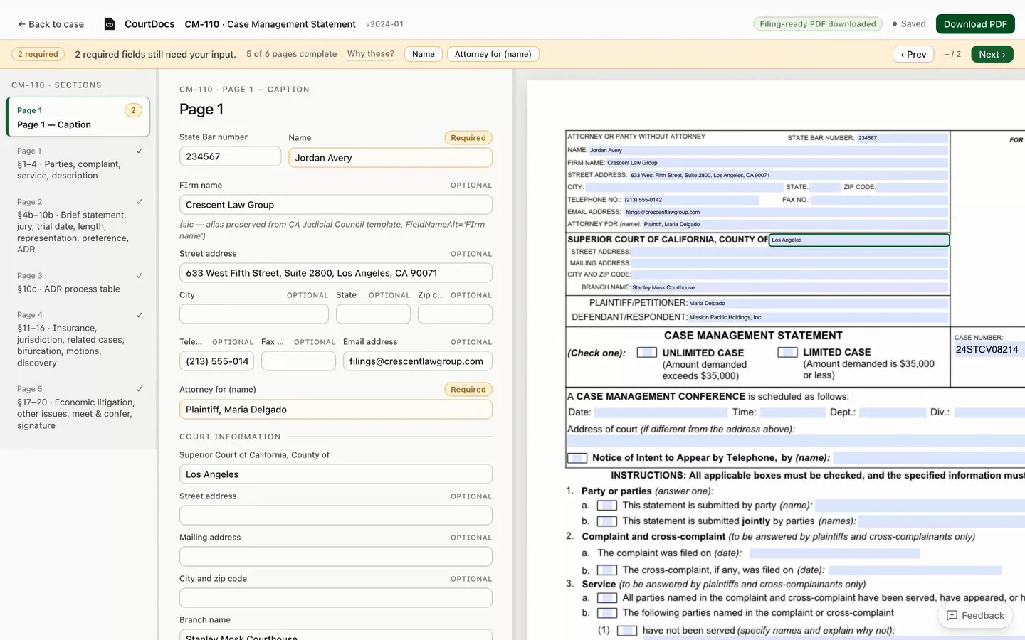 The CourtDocs editor after filling a CM-110 Case Management Statement: the caption block auto-filled from case data, a live PDF preview of the court form, and a 'Filing-ready PDF downloaded' confirmation.