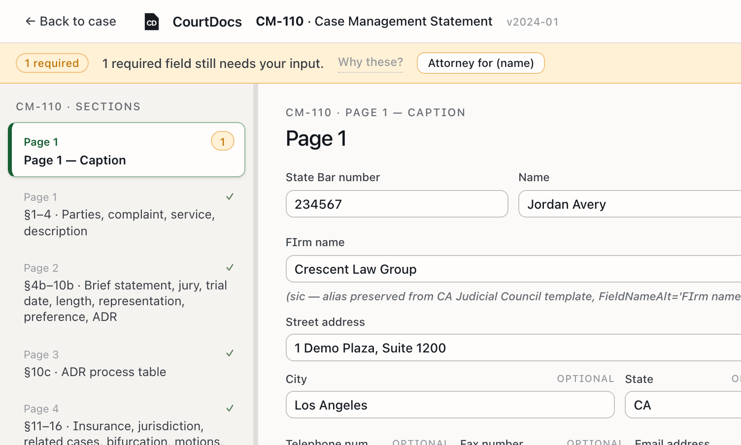 The CourtDocs editor filling a CM-110 Case Management Statement: a section navigator on the left, caption fields auto-filled from case data, and a required field flagged for review.